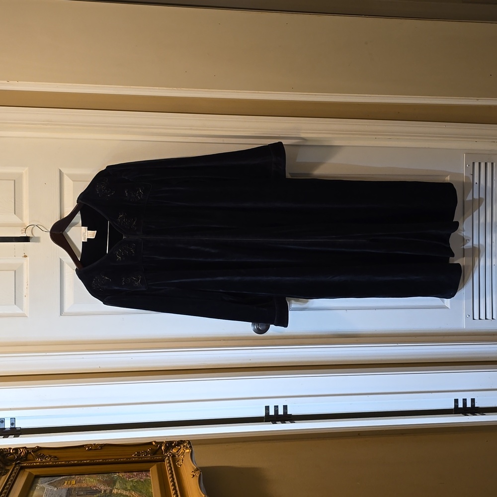 Vintage Intimate Essential XL Black Velvet Feel Robe House Coat Full Zip Pockets